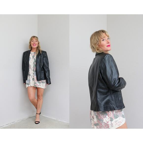 1990's Vintage Black Leather Blazer Jacket ~ Women's LG XL ~ Day to Night 90's - Picture 1 of 10
